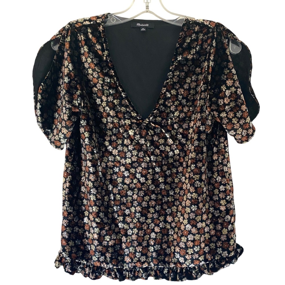 Madewell Velvet Split Sleeve Ruffle Hem Floral Top Black Brown K2795 XS - Picture 12 of 13